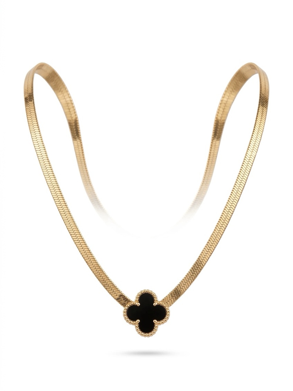 Gold-tone Necklace with Black Clover Pendant - Designer Style